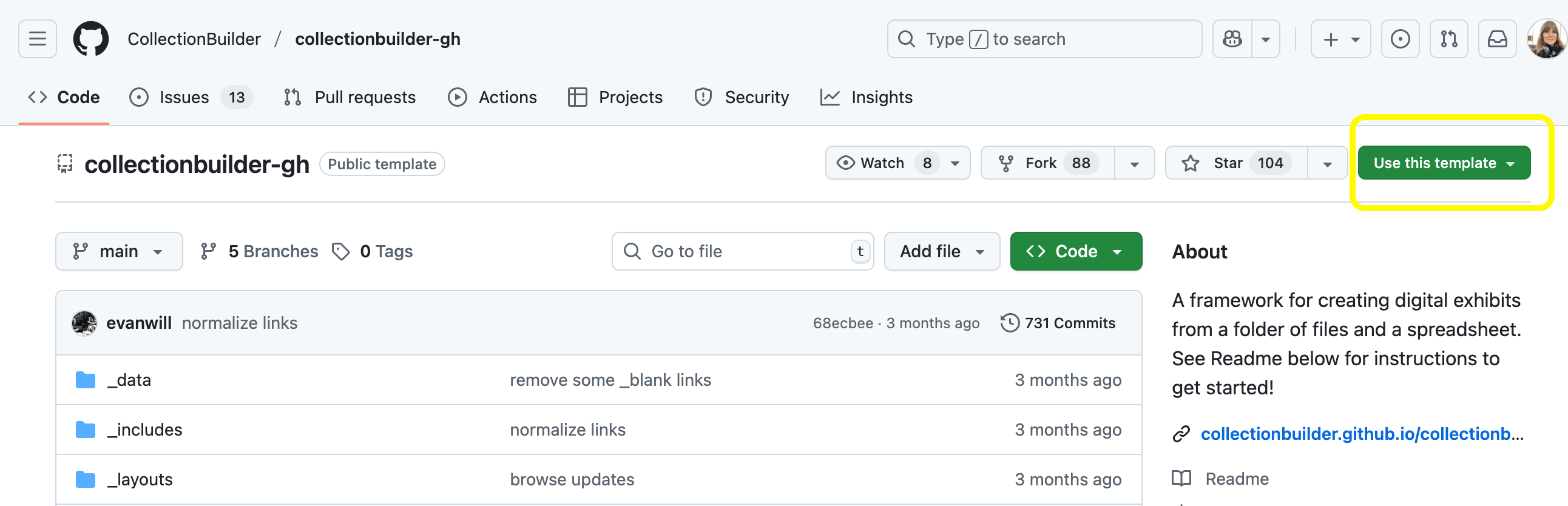 Screenshot of the CollectionBuilder GitHub repository with the Use this Template button circled.