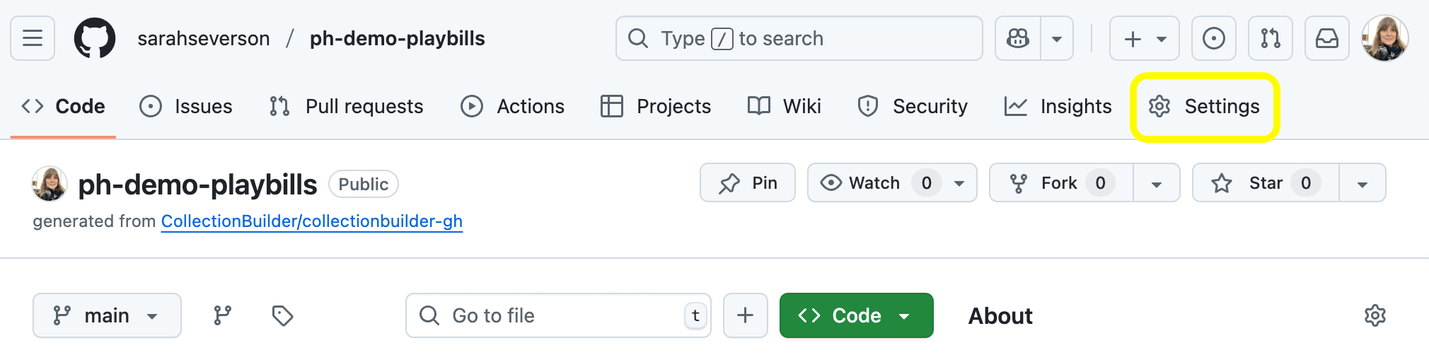 Screenshot of GitHub demo repository page with a circle around the Settings button