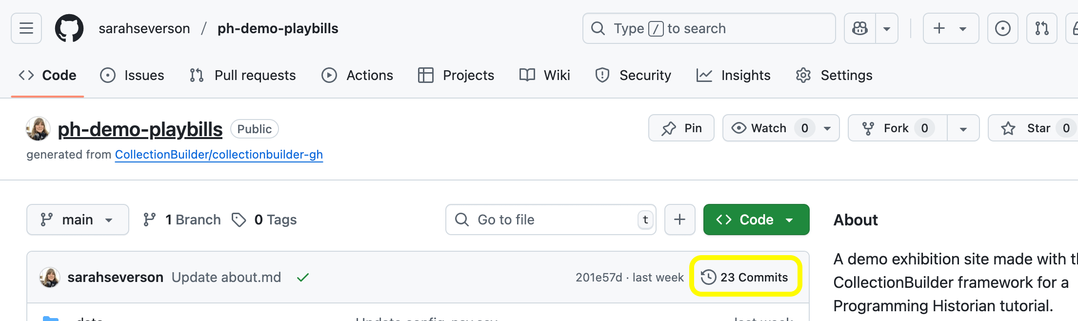 Screenshot of GitHub demo repository page with a circle around the Commits link, which you can use to check the status of your commits.